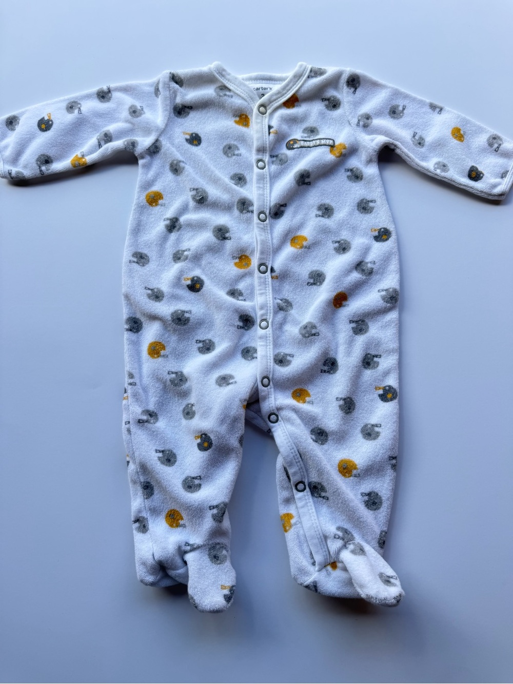 Carter's White Snap-Front Baby Onesie with Gray and Mustard Helmet Prints - Picture 2 of 2